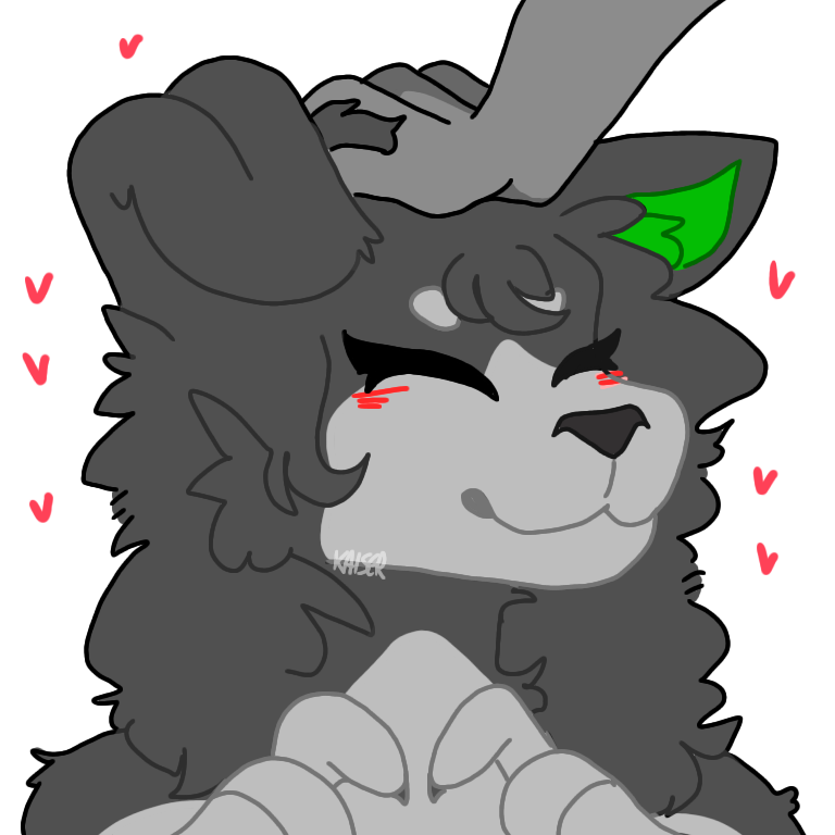 ID: A drawing of my fursona's head. She is a black-and-white border collie girl who is smiling with her eyes closed and her tongue out. She is being pet on the head by a hand. There are hearts floating around her head. End ID.