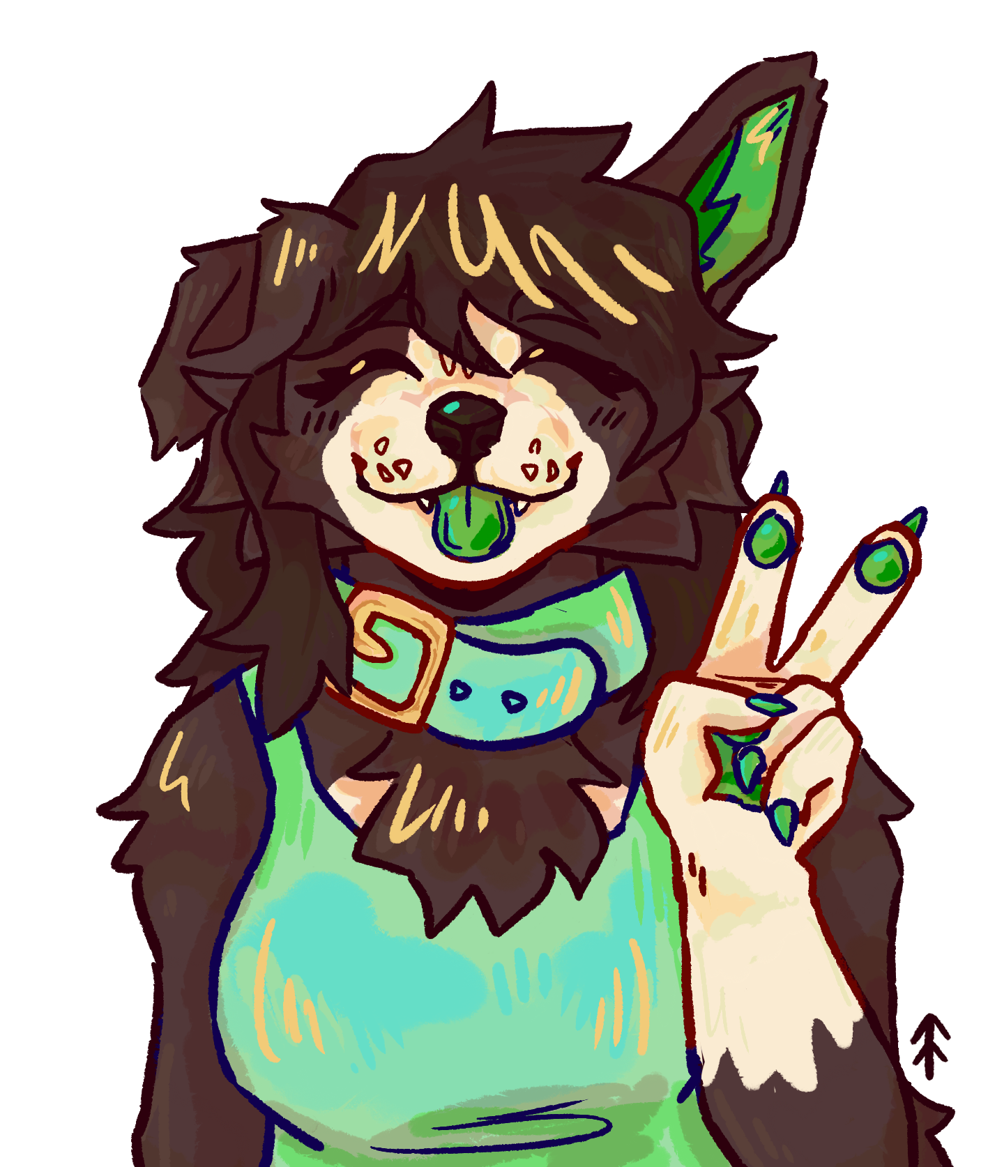 ID: A drawing of my fursona. She is a black-and-white border collie girl with green ears and a green tongue. She is giving a peace sign with her eyes closed and her tongue sticking out. She is wearing a green tanktop and collar. End ID.